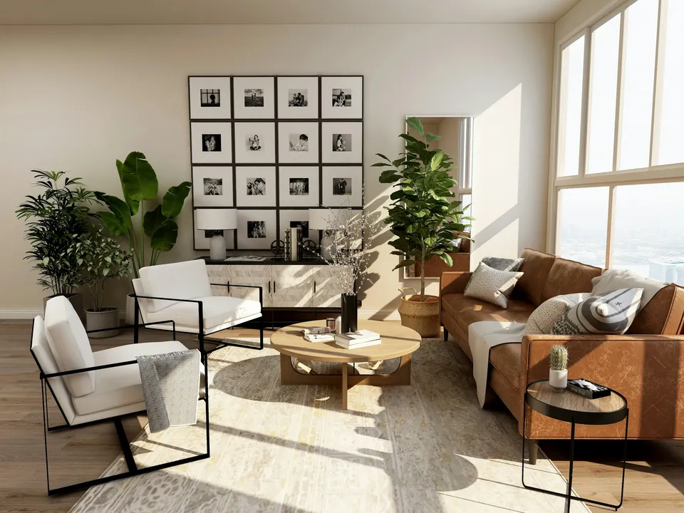 A warm neutral interior with sculptural furniture and natural materials