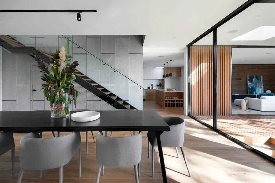 Minimalist interior with natural light and warm materials